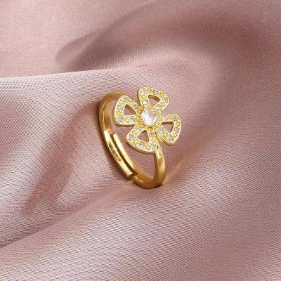 China Fashion CLASSIC jewelry design OEM ODM factory luxury four leaf clover flower temperament micro inset zircon adjustable ring for sale