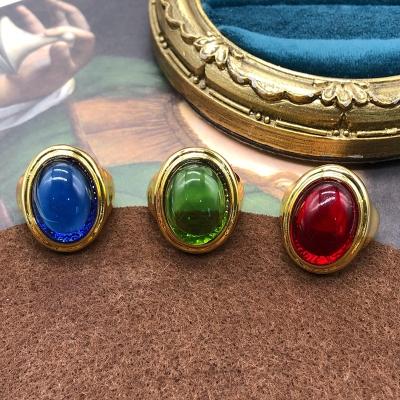 China OEM ODM Luxury CLASSIC Jade Stone Custom Vintage Gold Plated Adjustable Copper Ring Colored Glass Rings for sale