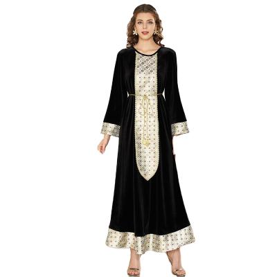 China Factory supply hot sale velvet long sleeve muslim dress with embroidery and belt winter abaya women for sale