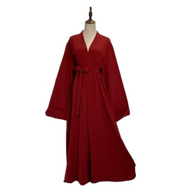 China Long Sleeve Maker Well Done Classic Design Loose Fit Long Belt Kimono Abaya Robe Black Kimono for sale