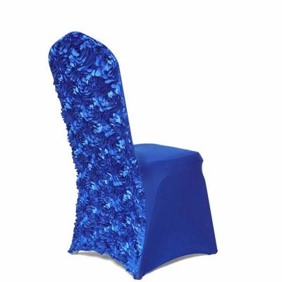 China Simple Royal Blue Satin Rosette Stretch Banquet Spandex Chair Cover Banquet Chair Cover For Wedding Rose Back for sale