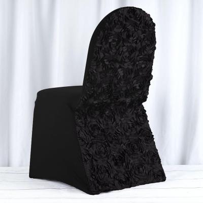 China Simple Black Satin Rosette Stretch Banquet Spandex Chair Cover Banquet Chair Cover For Wedding Rose Back for sale