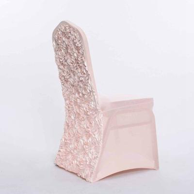 China Plain Blush Satin Rosette Stretch Banquet Spandex Chair Cover Banquet Chair Cover for Wedding Cheap Rose Back Wedding Chair Covers for sale