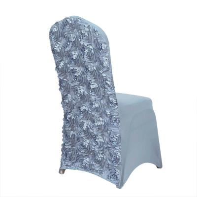 China Simple Dusty Blue Satin Rosette Stretch Banquet Spandex Chair Cover Banquet Chair Cover for Wedding Rose Back for sale