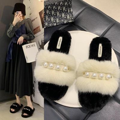 China Fashion Trend Winter Home Slippers Shoes Furry Toe Slides Women Warm Faux Fur Ladies Soft Plush Female Open Slippers for sale