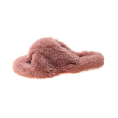 China Fashion Trend Women Gather Soft Furry Open Toe House Shoes Faux Rabbit Fur Slippers Warm Comfortable Slip On Breathable for sale