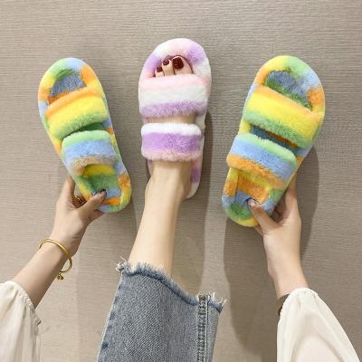 China 2021 New Fashion Trend Fashion Slippers Large Size Female Slippers Colorful Female Faux Fur Warm Slippers For Women for sale