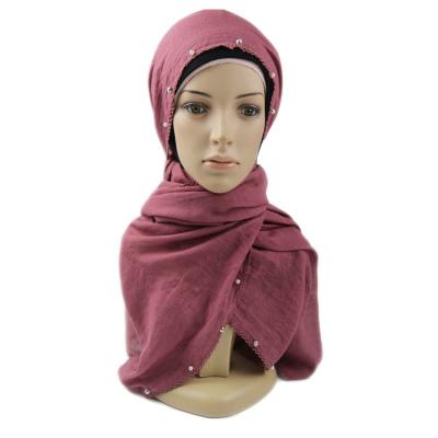 China 2021 Plush Fashion Design Shawls Scarf Muslim Women Big Size Fold Cotton Hijab With Pearl for sale