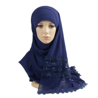 China Promotion Soft Feeling Soft Price Beaded Turkish Chiffon Hijabs Scarf Dubai Lace Pearl Hijab 2021 Premium for sale