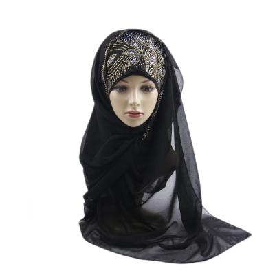 China New Hign Edge Large Quality Plain Black Chiffon Stone Hijab Boutique Fringed Scarf For Muslim Women for sale