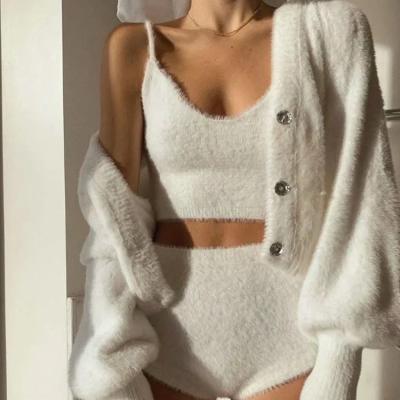 China Fashionable Solid Color Soft Shirt Girl Lantern Sleeve Button Sweater Jacket Vest Shorts Women Three Piece Mohair Suit for sale