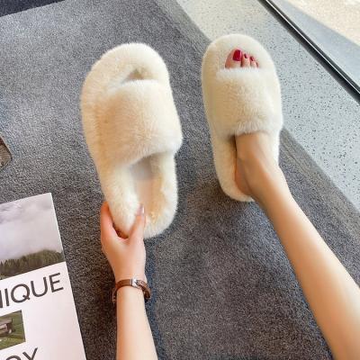 China Flocking Factory Price Women Warm Colorful Striped Warm Slippers Indoor Winter Slippers Fur Heel Slippers for sale