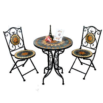 China Antique Retail High Quality Foldable Patio Table and Chairs Bistro Set Antique Mosaic Art Garden Furniture for sale