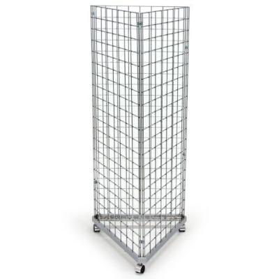 China Black carbon steel triangle wire grid panel tower with base and casters wire grid wall display rack for sale