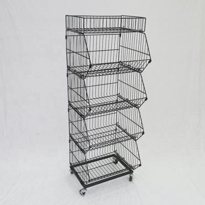 China Single Sided 4 Tiers Wire Basket Storage Shelf With Wheels for sale