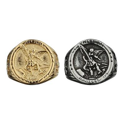 China Vintage Stainless Steel Ring Gold and Silver Optional Knight Catholic Religious Ring Protector Angel Men for sale