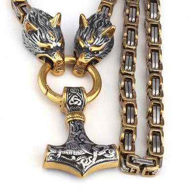 China CLASSIC Norse Thor's Hammer Dominating Viking Stainless Steel Golden Wolf Pendant Necklace for sale