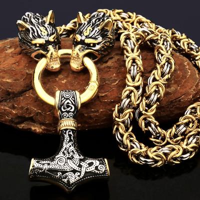 China Religious Original Design Viking Wolf Head Thor's Hammer Viking Men's Stainless Steel Handmade Necklace for sale