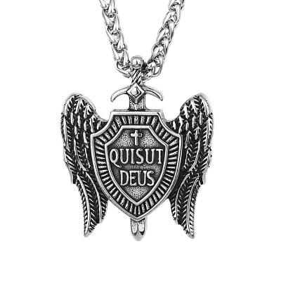 China Stainless Steel Angel Wing Sword Shield Necklace Mens Hiphop Biker Cross Religious Pendant Necklace For Charm Jewelry for sale