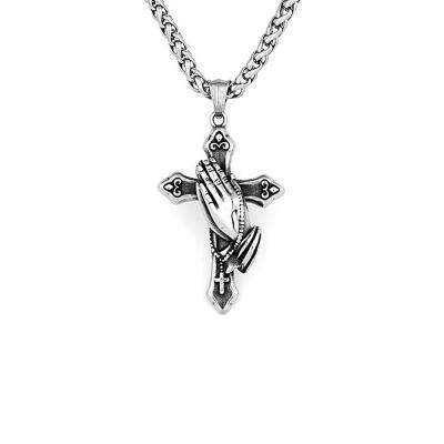 China Stainless Steel Religious Cross Pendant Necklace Men Believer's Prayer Gesture Necklace For Charm Jewelry Religious Pendant Charms for sale