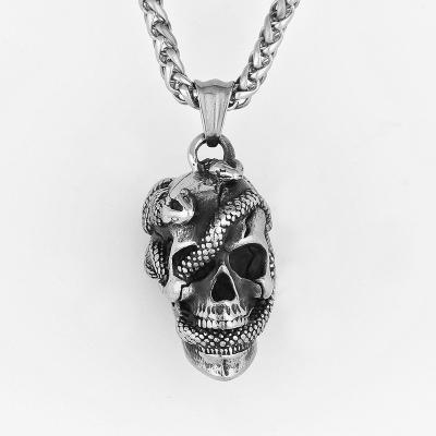 China Fashion Neo-Gothic Cyclist Necklace Mens Vintage Stainless Steel Snake Wrap Skull Necklace Ghost Pendant Band for sale