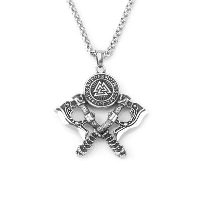 China Viking stainless steel ax totem of Odin's necklace vintage stainless steel double ax Viking rune triangle pendant amulet men for sale