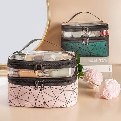 China Diamond Shaped Large Capacity Diamond Shaped Portable Cosmetic Bag Makeup Bag Double Layer Square Plaid Transparent Toiletry Bag for sale