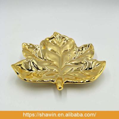 China Europe Ceramic Gold Leaves Jewelry Rings Holder Tray Dish Plate Organizer Home Decor for sale