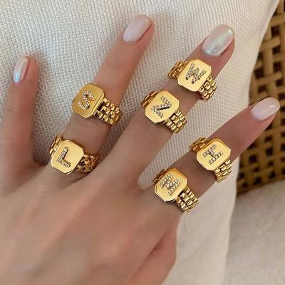 China Fashion Lotus Non Tarnish Jewelry 18K Gold Plated CZ Brass Pave Initial Letter Open Adjustable Ring for sale