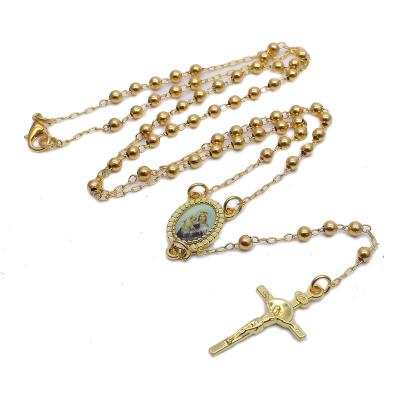 China Religious Lotus 18k Gold Plated Brass Rosary Beads Religious Virgin Mary Necklace for sale