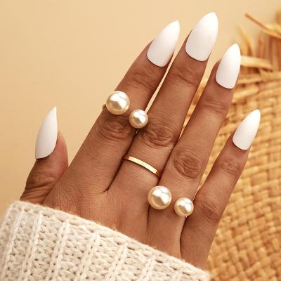 China TRENDY European American Fashion Resizable Rings Set Simple Pearl Metal Jewelry Set RTS for sale