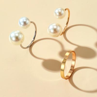 China TRENDY European American Fashion Resizable Rings Set Simple Pearl Metal Jewelry Set for sale