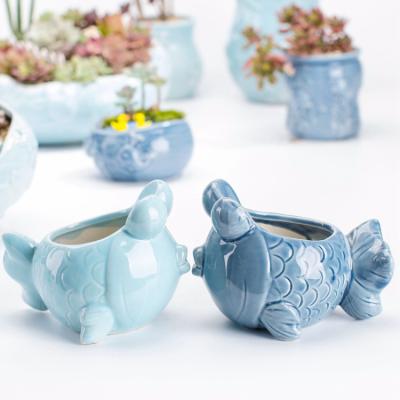 China Potted Starfish Shell Fish Planter Marine Ceramic Ocean Plant Pot Sea Basin Whale Succulent Flower Vintage Design Blue Porcelain Pot for sale