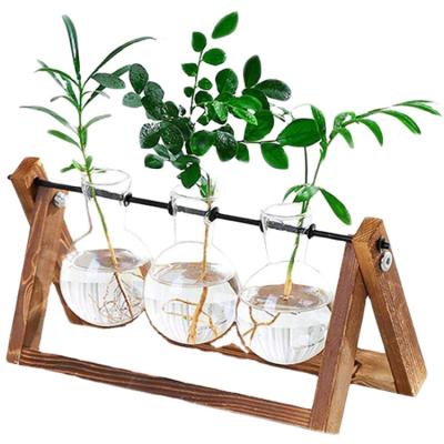 China Home Station Crystal Terrarium Flower Glass Clear Wooden Frame Hydroponic 3 Tube Flower Decor Spread Vase for sale