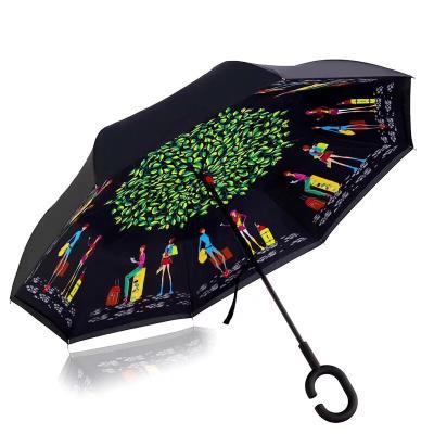 China Straight Rod Umbrella C-handle Parasol Rain Reverse Umbrella Windproof Double Layers for sale