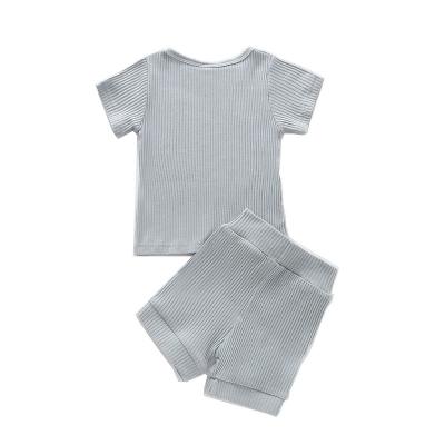 China Newborn Baby Girls Boys Cotton Breathable Casual Summer Outfits Suits Kids Ribbed Knitted Short Sleeve T-shirts Tops+Shorts 2Pcs Tracksuits for sale