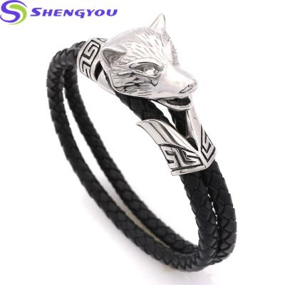 China Trendy Hip Hop Jewelry Two Layers Genuine Leather With Wolf Head Charm Fierce Bracelet for sale