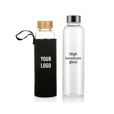 China Custom Logo Sleeve Pocket High Borosilicate Glass Stocked Water Bottle for sale