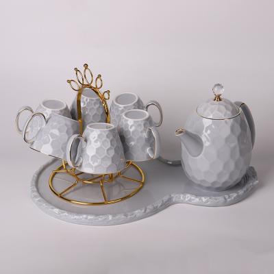 China Viable Elegance Design Grid Design Teaware Hexagonal Tea Set Ceramic Luxury Coffee Mug Set With Cup Holder For Dining Room for sale