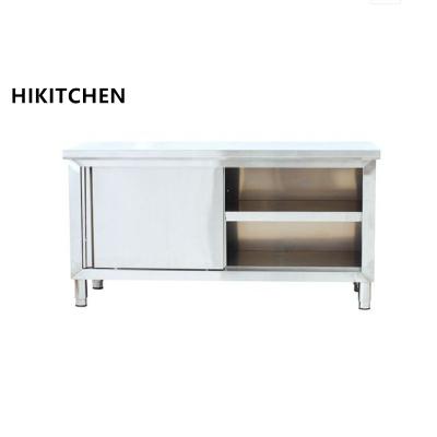 China Durable Kitchen Equipment Front Opening Sliding Door Two Tiers Storage Dishware Storage Assemble Stainless Steel Worktable With Slide Rail for sale