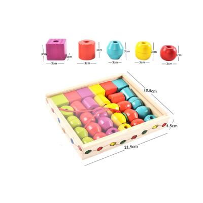 China Modern Wooden Jumbo Lace Beads Shapes Sorter Montessori Educational Toys 30 PCs With 2 Laces for sale