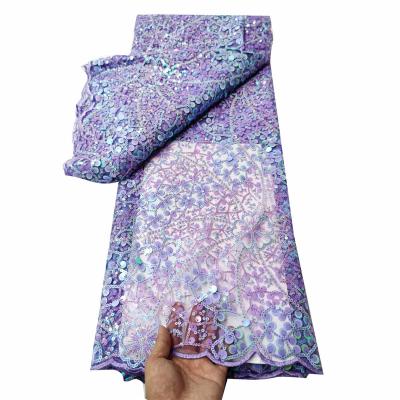 China Viable Purple French Wedding Lace Fabric Fancy Tulle Embroidery Sequins Embroidery Laces for sale