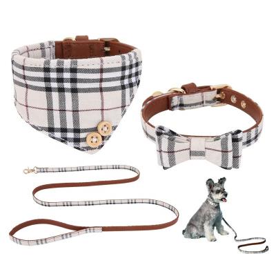 China Pu Viable Velvet Bow Tie Puppy Bandana Collar And Leash Set Beige Pu Dog Bow Tie Adjustable Size Collar With Bell for sale