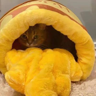 China New Design Wholesale Warm Winter Sustainable Honey Jar Plush Cozy Soft Indoor Cave Bedroom Sleeping Bag Puppy Pet Cat Nest Bed for sale