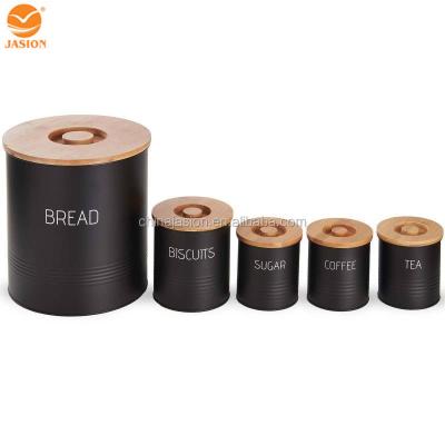 China Freshness Preservation Set 5pcs Round Shape Metal Storage Bread Bin Kitchen Cookie Tea Tin Canister Coffee Set With Bamboo Lid for sale