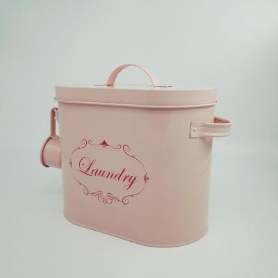 China Viable Oval Metal Enamel Laundry Powder Bin Storage Tin Storing Washing Powder or Shelves for sale