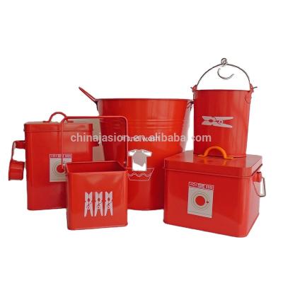 China Sustainable Bag Storage With Hook Retro Vintage Red Enamel Hanging Peg Bucket Box for sale