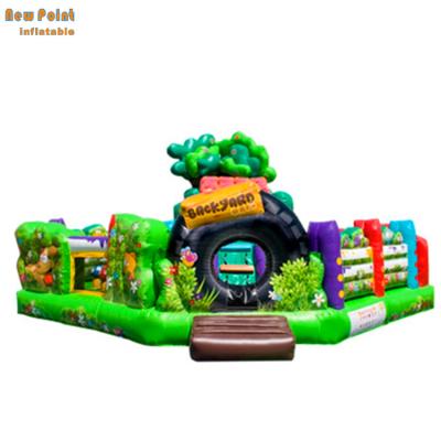 China 5 Years Back Yard Inflatable Fun With Combo Slide Bounce House Obstacle Basketball Hoop For Outdoor Kids for sale