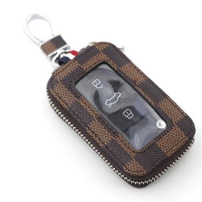 China Fashion PU Leather Wholesale Plaid Smart Car Key Chain Holder Metal Hook Plaid Bag and Keychain Zipper for Key Fobs Remote for sale