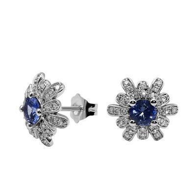 China Nice Ethnic Design Flower Shape 14K White Gold Genuine Diamond Earrings Fashion Real Gold Sapphire Blue Diamond Earring for sale